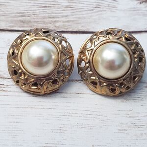 Vintage Clip On Earrings Large Ornate Antique Gold Tone Halo & Faux Pearl Domed